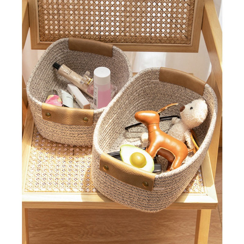 Katoenen touw geweven opbergmand en lederen verwerkingsbureau, opbergmand voor thuis, organisator voor speelgoed opvouwbare cosmetica diversen