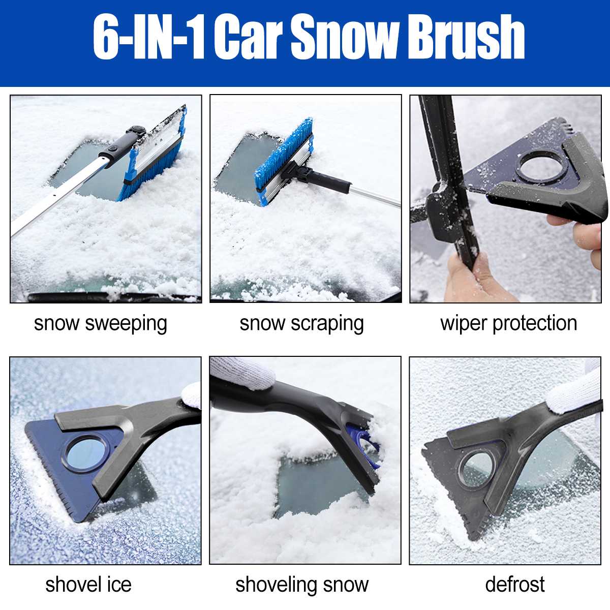 6 in 1 pala per auto rimozione della neve scongelamento del ghiaccio raschiando spazzaneve spazzola con protezione tergicristallo per impostato di strumenti invernali per veicoli