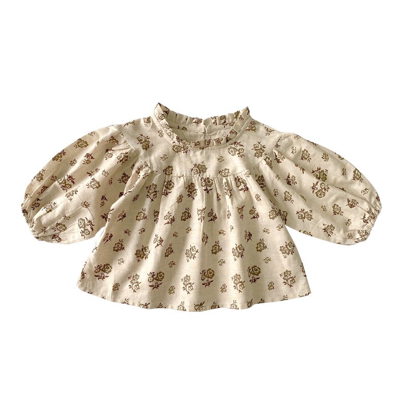 Blusa de lino y algodón con estampado floral para niña, blusa holgada de manga larga para otoño,
