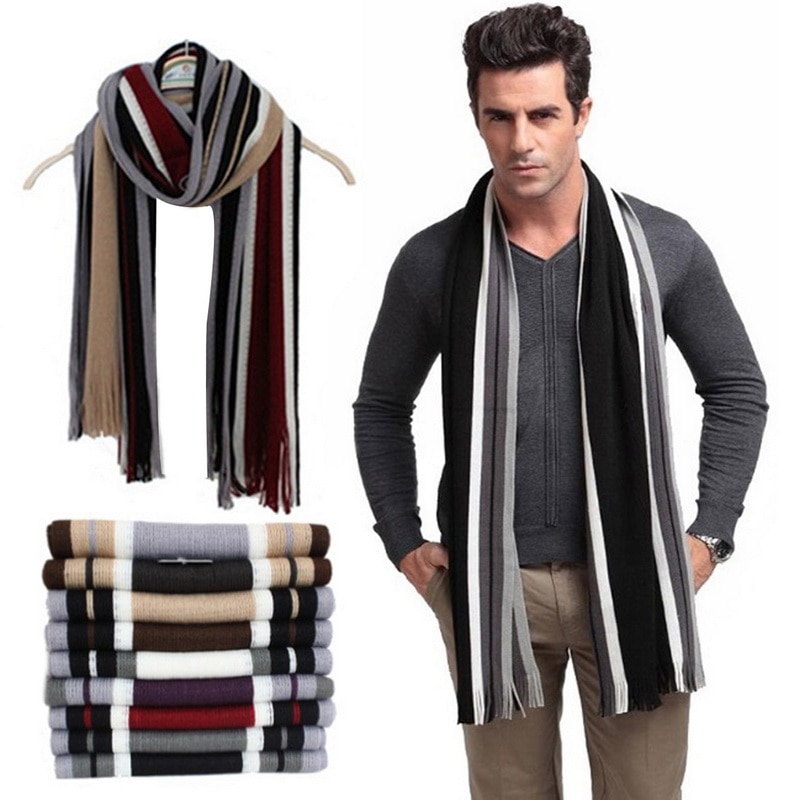Menn vinter stripete frynser skjerf langt sjal klassisk stripet kunstig ull wraps dusker strips skjerf