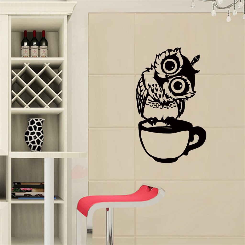 Leuke Uilen Op Het Kopje Thee Koffie Muurstickers Dieren Stickers Muur Sticker Voor Kinderen Kamer Muur Stickers Voor baby Room Decor