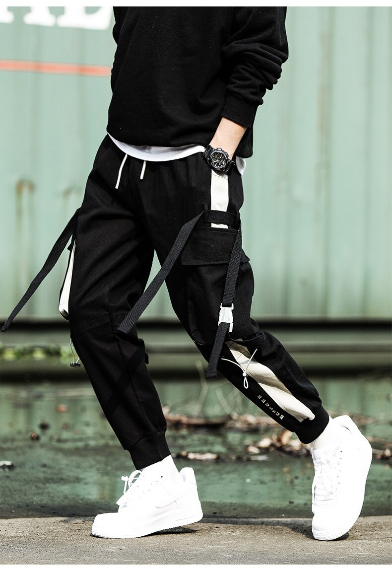 Linten cargobroek heren casual streetwear harajuku broek hiphop trendy casual jeugd slanke broek stijlvolle heren joggingbroek: S / Zwart 571