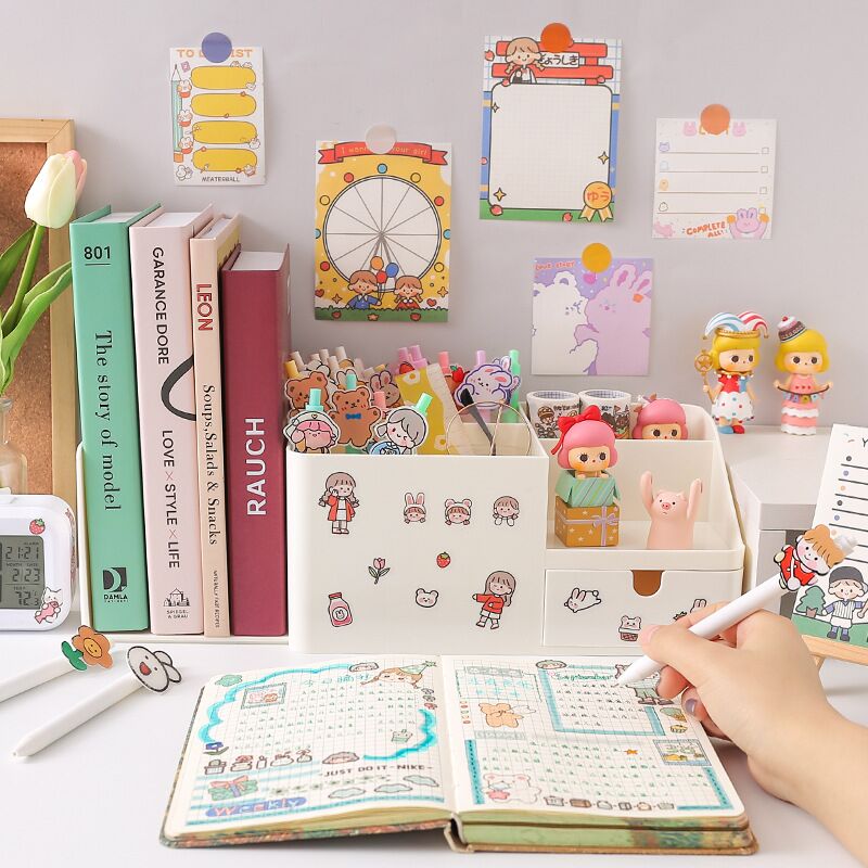 Soporte para cajones y bolígrafos de gran capacidad para estudiantes, caja de papelería creativa 2 en 1, organizador de escritorio multifuncional, soporte tipo libro