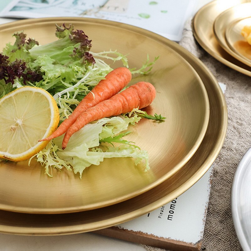 Gold Essen Platte Schüsseln Europäischen Stil Abendessen Platten Runde Platte Kuchen Tablett Westlichen Steak Runde Tablett Küche Geschirr #