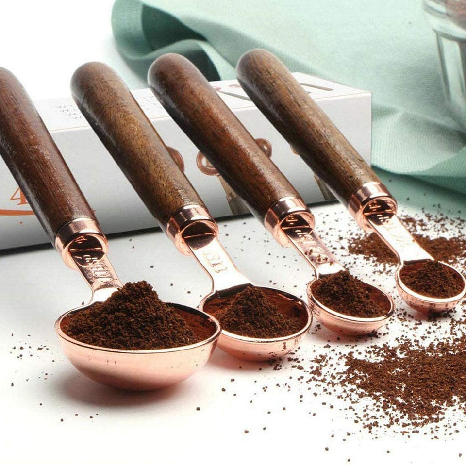 4 Piece Measuring Spoon Set Walnut Handle Measurements Premium Stainless Steel Mirror Polished Cup For Measuring Baking