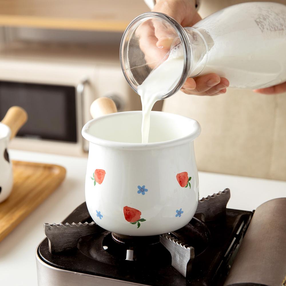 500ml Enamel Milk Pot With Wooden Handle Gas Stove Induction Cooke Baby Breakfast Milk Coffee Saucepan Cookware