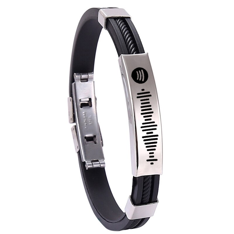 Incisione laser fai-da-te personalizzato codice di scansione codice di scansione bracciale coppia gel di silice uomo donna bracciale acciaio al titanio codice musicale: nero