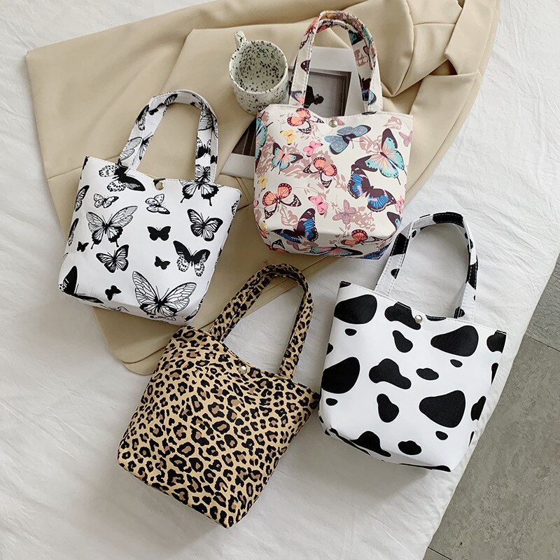 Sac fourre-tout japonais en toile, Mini fourre-tout Portable, Version coréenne Ins, sac à déjeuner pour filles, sac à bandoulière imprimé papillon léopard