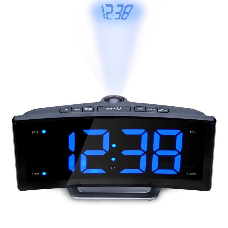 Elektronisk vekkerklokke projektor klokke speil klokke smart luminova bord til kontor soverom moderne led digital klokke fm radio: Svart blått lys
