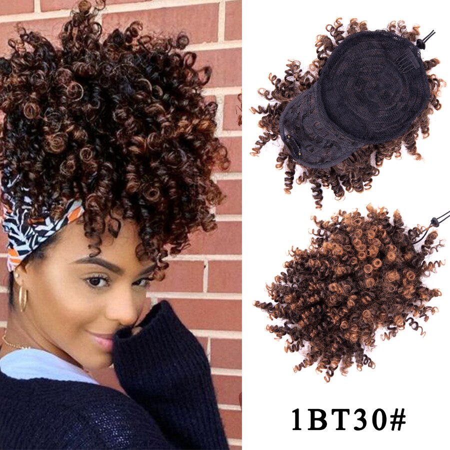 Leeons Kinky Curly Hair Bangs High Puff Ponytail Synthetic Hair Extensions African American Hair Ponytail With Bangs 11 Colors: 1bt30