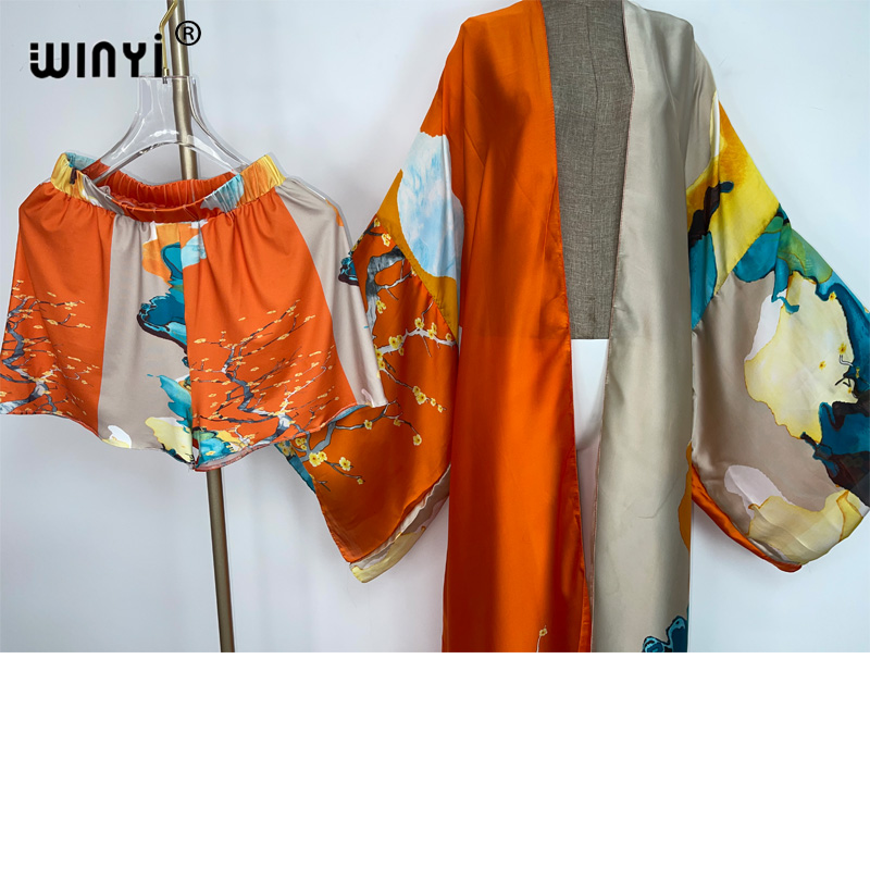 WINYI zwei-stück anzug Boho Gedruckt Über Größe V-ausschnitt langarm Kleid Frauen Seide gefühl Bodenlangen Neue kleid