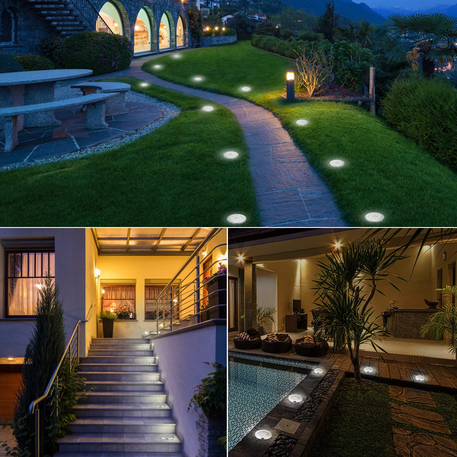 Solar Ground Lights Outdoor 8 LED Solar Disk Lights Waterproof Garden In-ground Pathway Landscape Lighting for Lawn Walkway