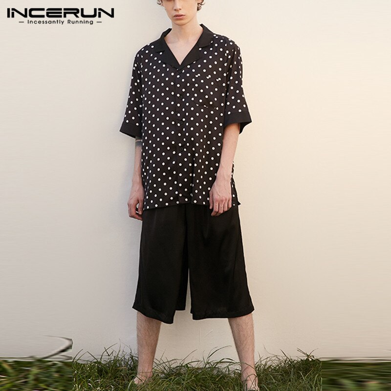 Men Loose Homewear Suits Comfy Sleepwear Sets INCERUN Leisure Polka Dot Blouse Elastice Waist Shorts Pajamas Suits S-5XL