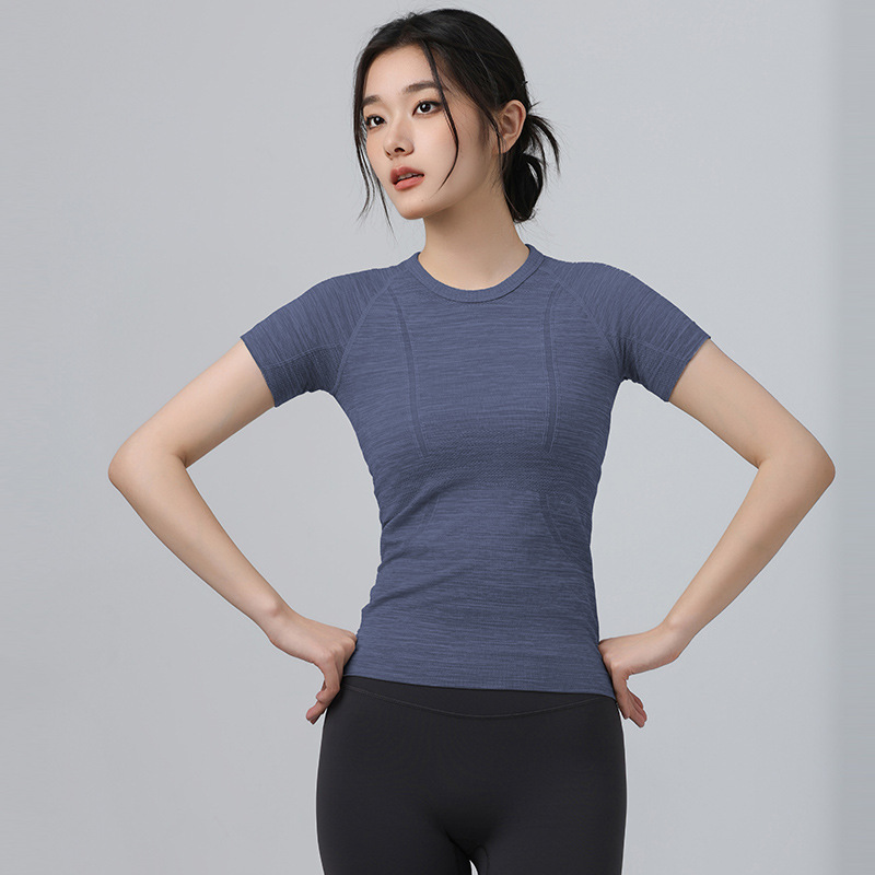 Sommer tætsiddende slank yogadragt kortærmet rund hals hurtigttørrende åndbar løbesports-t-shirt stretch pilates-top