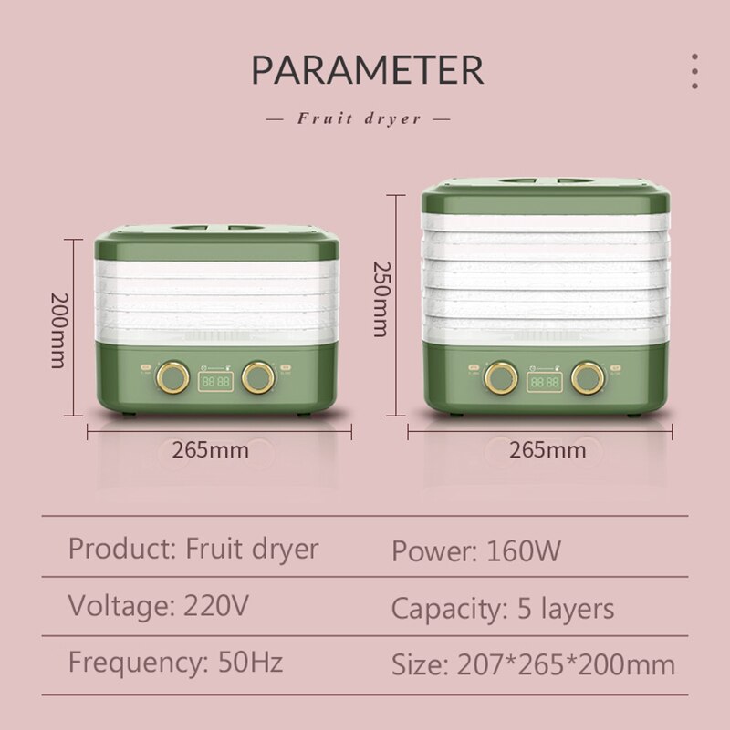 220V Household Dried Fruit Maker Automatic Food Dryer Multifunction Fruit Vegetables Spices Dehydrator Adjustable Height 5 Layer