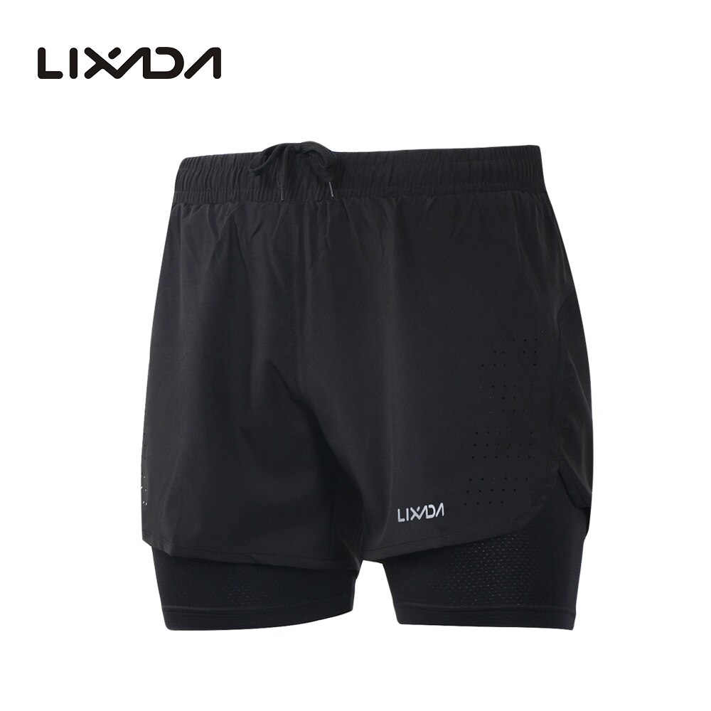 Lixada Mannen 2-In-1 Running Shorts Sneldrogende Ademend Actieve Training Oefening Joggen Fietsen Shorts Met langer Liner: Black / Xl