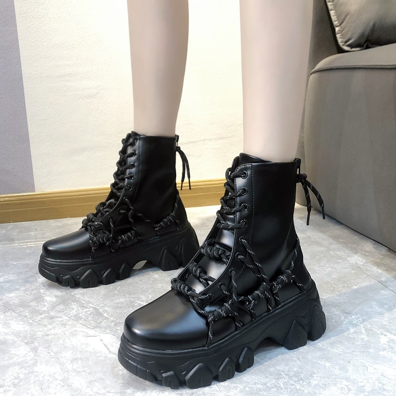 Black Punk Style Platform Women Ankle Boots Cross Strap Chunky Heels Boots Woman Waterproof Pu Leather Shoes