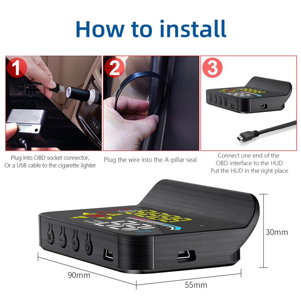 Car HUD Head Up Display Universal OBD2 Head-Up Speed Projector Safe Driving System Security Alarm Water temp Overspeed RPM