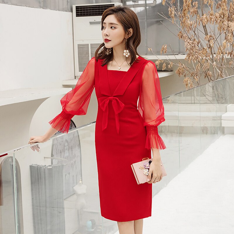 YIGELILA Autumn Red Dress Square Collar Full Sleev... – Grandado