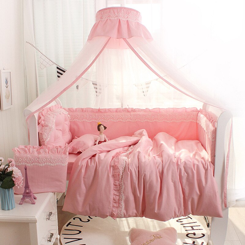 Prinses Stijl Baby Meisjes Cot Rond Protector Katoen Kant Craddle Bumpers Met Liner Platte Lakens Baby Slaapkamer Kussen