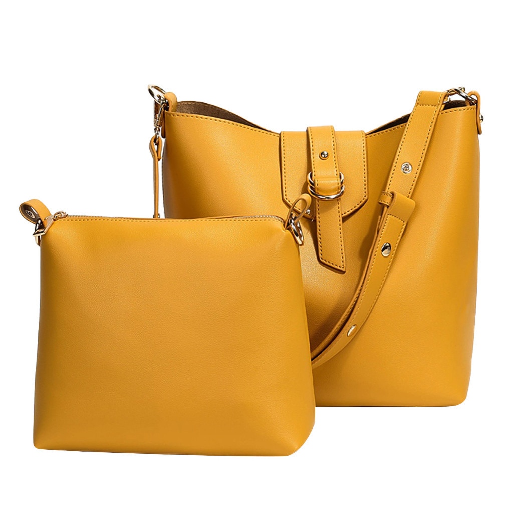 2Pcs Solid Color PU Leather Handbags Shoulder Bag For Women Ladies Yellow Large Capacity Waterproof Portable Messenger Totes #V