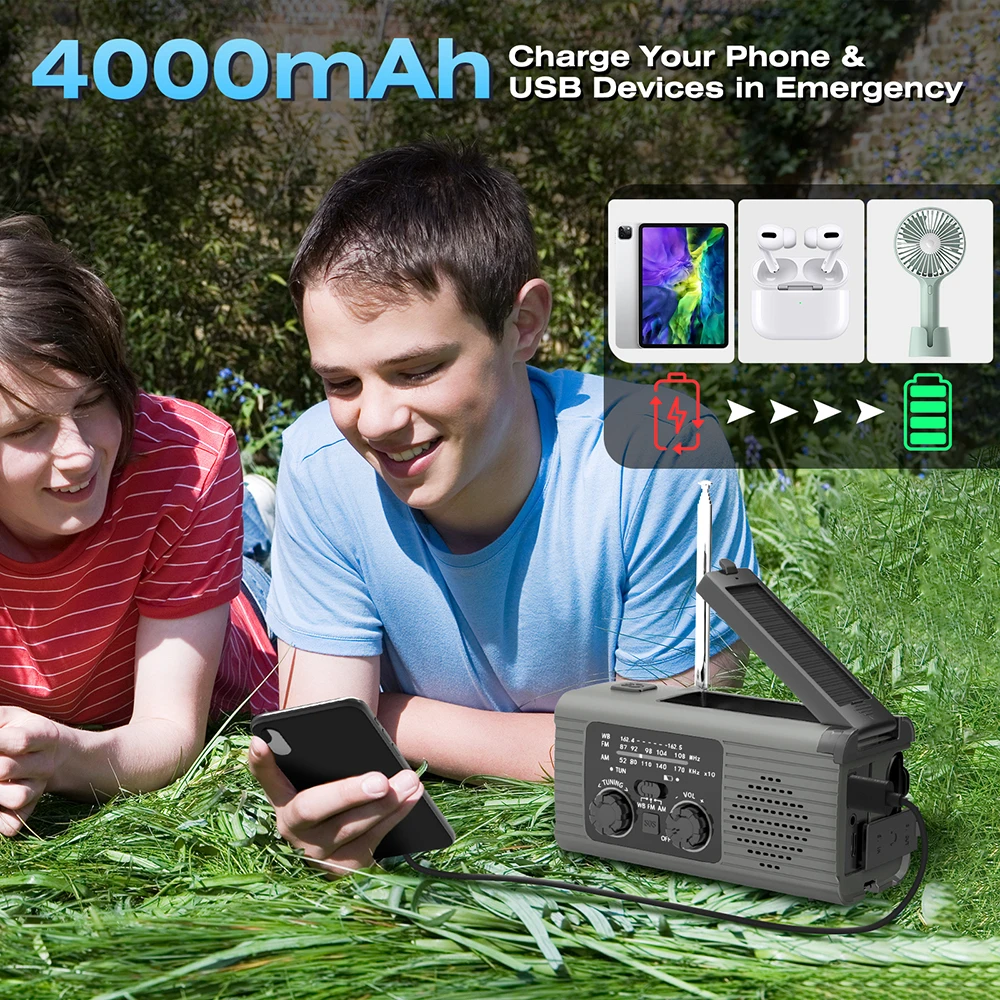4000 mAh LED emergency light USB emergency light with light radio outdoor camping radio solar charging radio portable