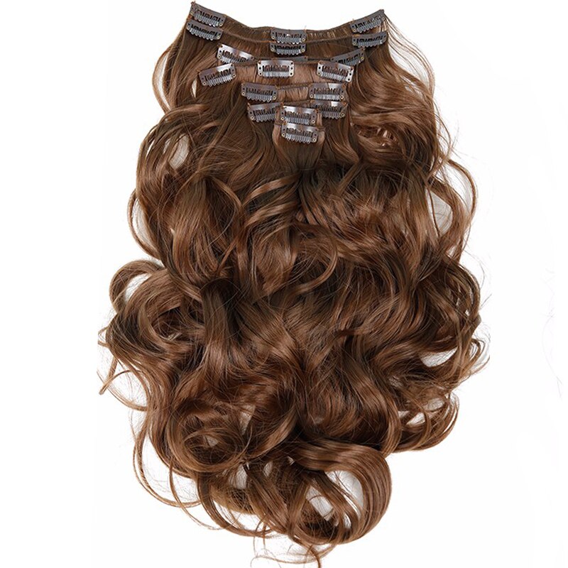 Feibin Clip en extensiones de cabello, peluca de pelo largo sintético ondulado 22 pulgadas 55cm, resistente al calor