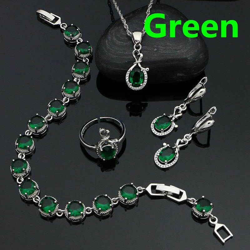 Weiß Topas Schmuck einstellen Silber 925 Offenen Ring Ohrringe Armbinde Kette Anhänger Klassische Hochzeit Zubehör für Frauen: Grün