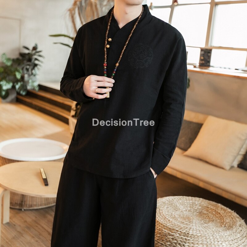 hommes traditionnel chinois ensemble à manches longues coton kungfu mandarin col dragon tang costume Kung Fu ensemble asiatique Taichi Tang costume: color2 / XXL