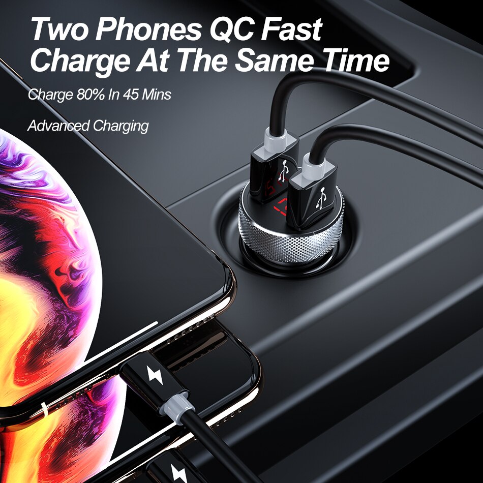 36w carga rápida 3.0 duplo qc 3.0 metal carregador de telefone do carro display digital led para iphone xiaomi samsung huawei usb carregamento rápido