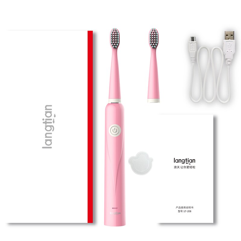Electric Toothbrush For Children Kids Adults 5 Modes Ultrasonic Toothbrush Travel Rechargeable Sonic Tooth Brush 4 Heads LT-Z08A: Pink 2 heads