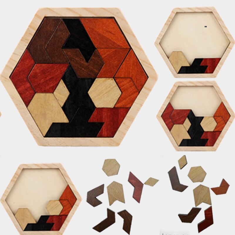 Rompecabezas de madera Hexagonal geométrico para niños, puzle de desarrollo intelectual, diversión, visión en Color, educativo, Toy3D, educativo