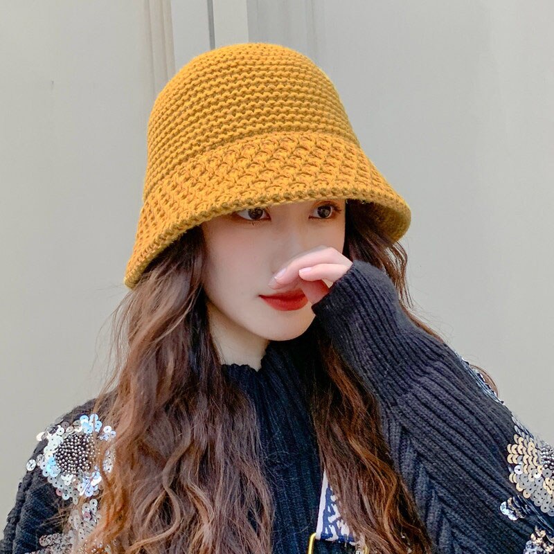 Efterår kvinders uld strikket spand hatte vinter varm foldning fiskerhue afslappet all-match strik hætter: Gul
