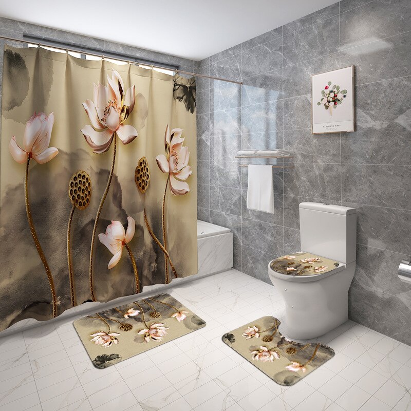 4 stk blomster badeværelset tæppe badeforhæng sæt toilet tæpper og bruseforhæng toilet sædeovertræk gulvmåtte badeværelsesmåtte brusemåtte: 4 stk -699