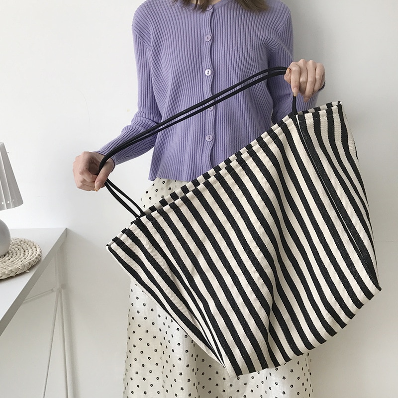 lässig gestreiften große kapazität totes frauen handtaschen leinwand damen schulter umhängetasche weiblichen groß einkaufen geldbörsen 2002