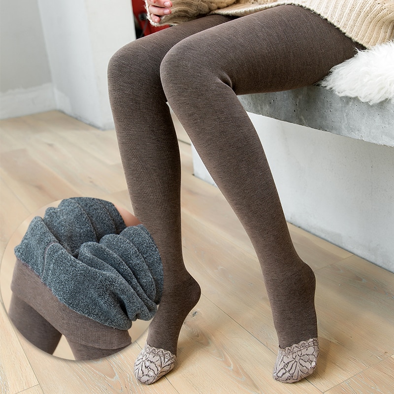 UG Winter Warm Pantyhose Lace Tights High Elastic Waist Cashmere Thick Stockings Tights Female Candy Color Striped Pantyhose