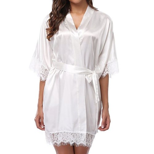 Women Summer Silk Satin Half Sleeve Lace Bandage V-Neck Sleepwear: White