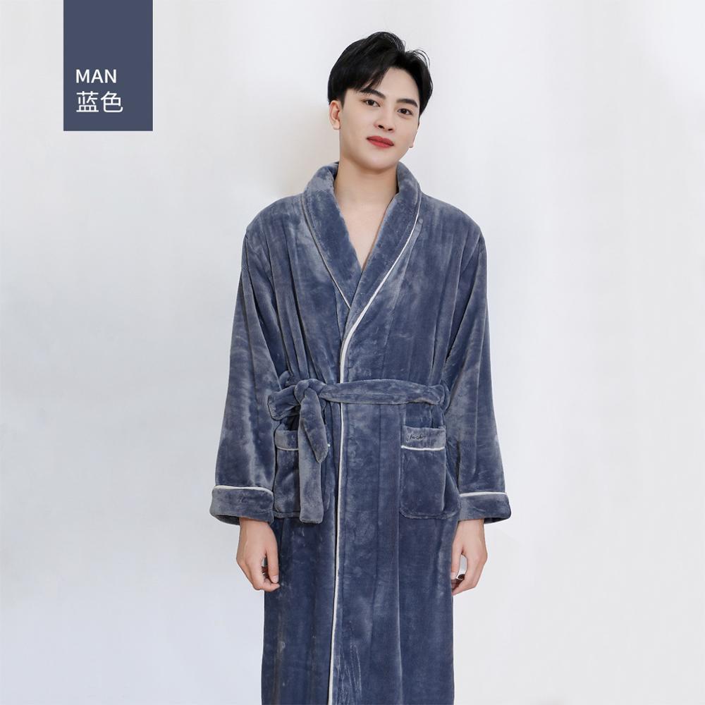 Winter mens Robes Sleepwear Thick Warm Flannel Kimono Bathrobe for men Solid Long Sleeve Coral Velvet Nightwear Homewear: Blue / XL 75-90kg