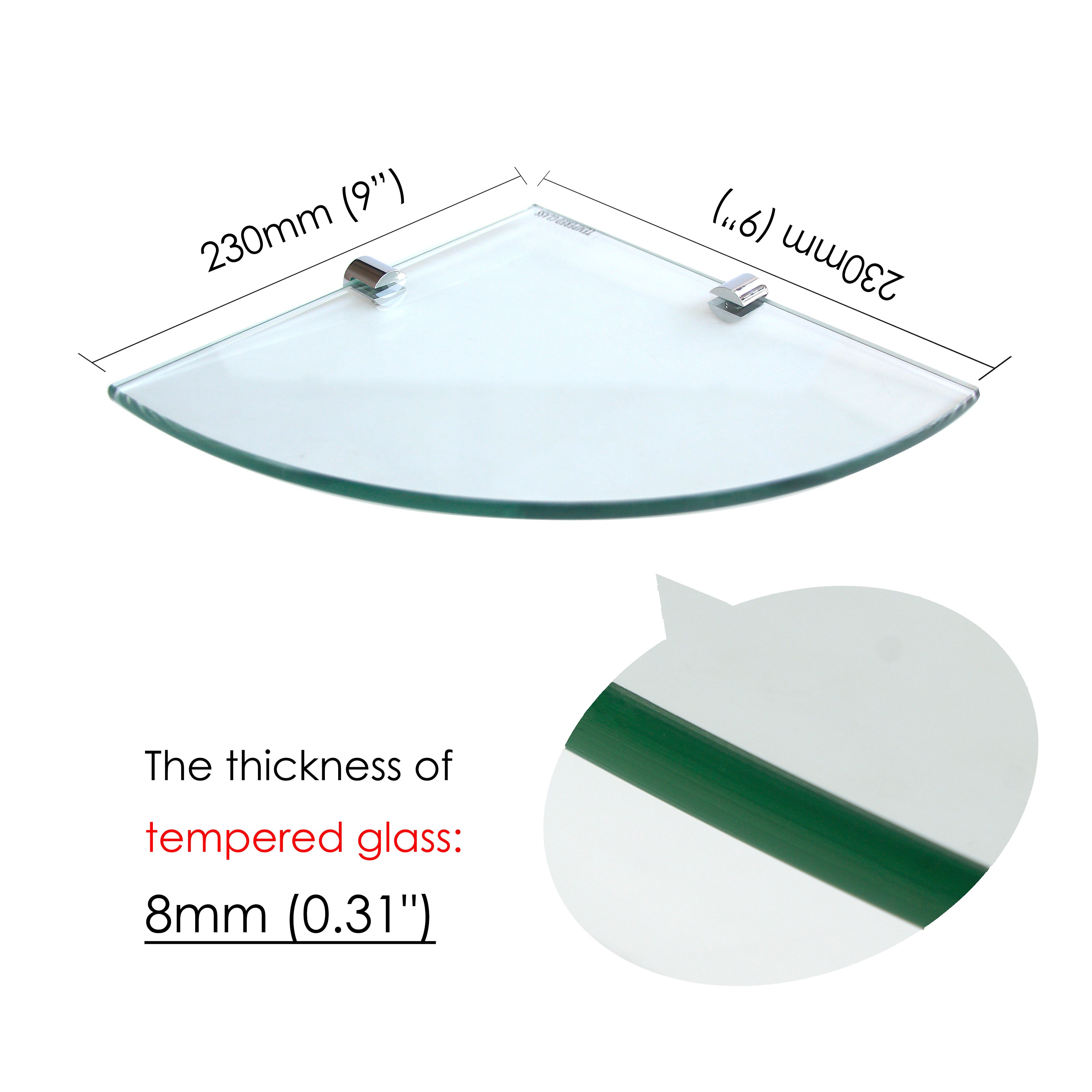 mokhome Bathroom 8mm Thick Glass Shower Corner Shelf 9”x9” Floating Wall Mounted Shelves Tempered Glass Caddy for Home Decor