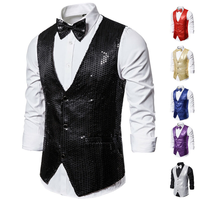 Mens Fonkelende Lovertjes Bowtie Vest Slim Fit Rokkostuum Stadium Kostuum Diner Cosplay Stage Show Kleding