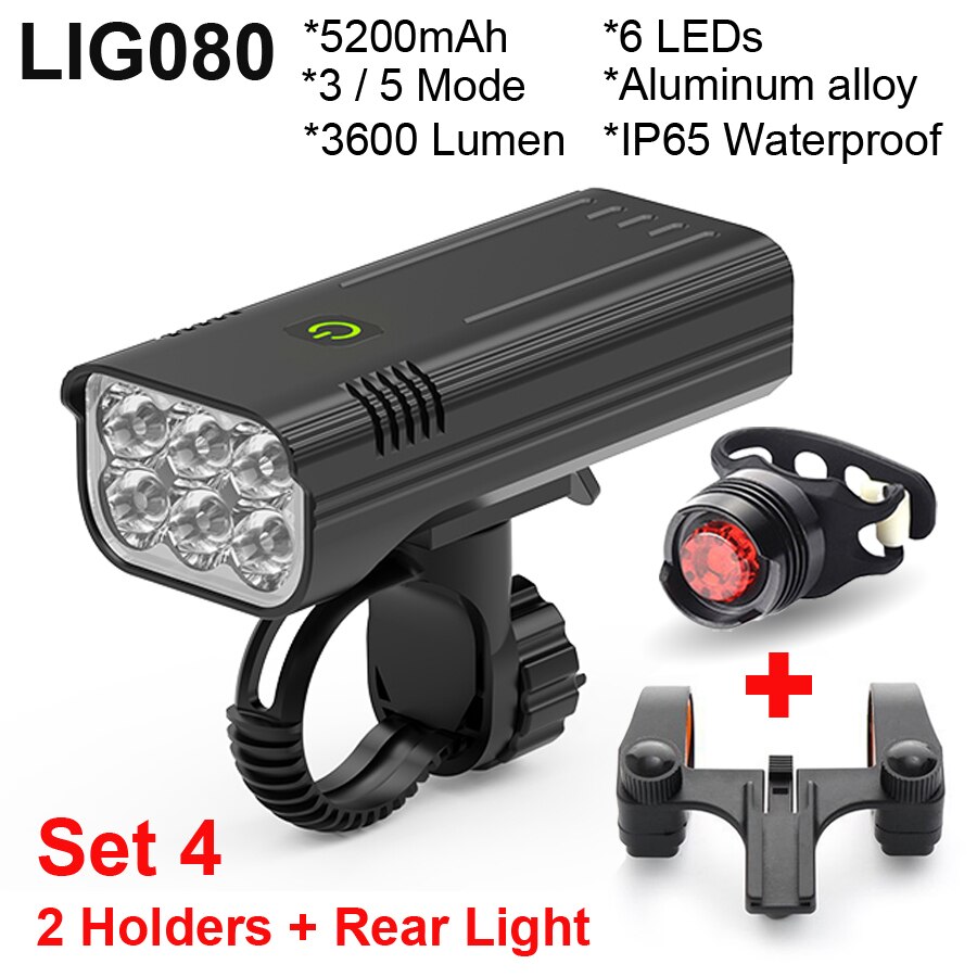 NEWBOLER Luz bicicleta 3600 lúmenes juego de luces de bicicleta MTB a prueba de lluvia recargable por USB con 2 soportes 5200 mAh ciclismo linterna accesorios para bicicleta: LIG080 Set 4