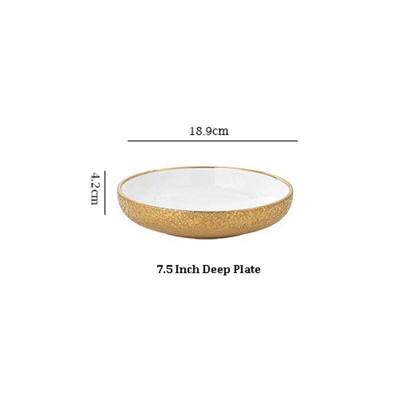 Ceramic Gold Dinner Plate Wedding Salver Porcelain Soup Rice Bowl Set Dessert Dinner Plate Cake Dessert Dish Tableware: 7.5 Inch Deep Plate