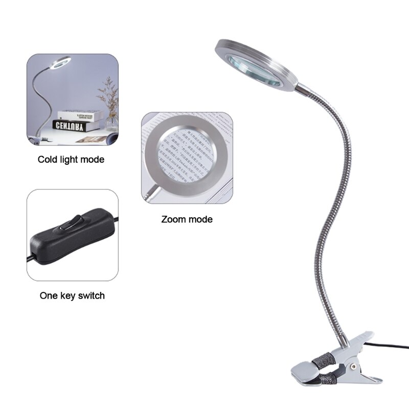 6XDD 10X Magnifying Glass Lamp with Light Magnifier Light with Clip Adjustable Flexible Magnifying Lamp with USB Powered