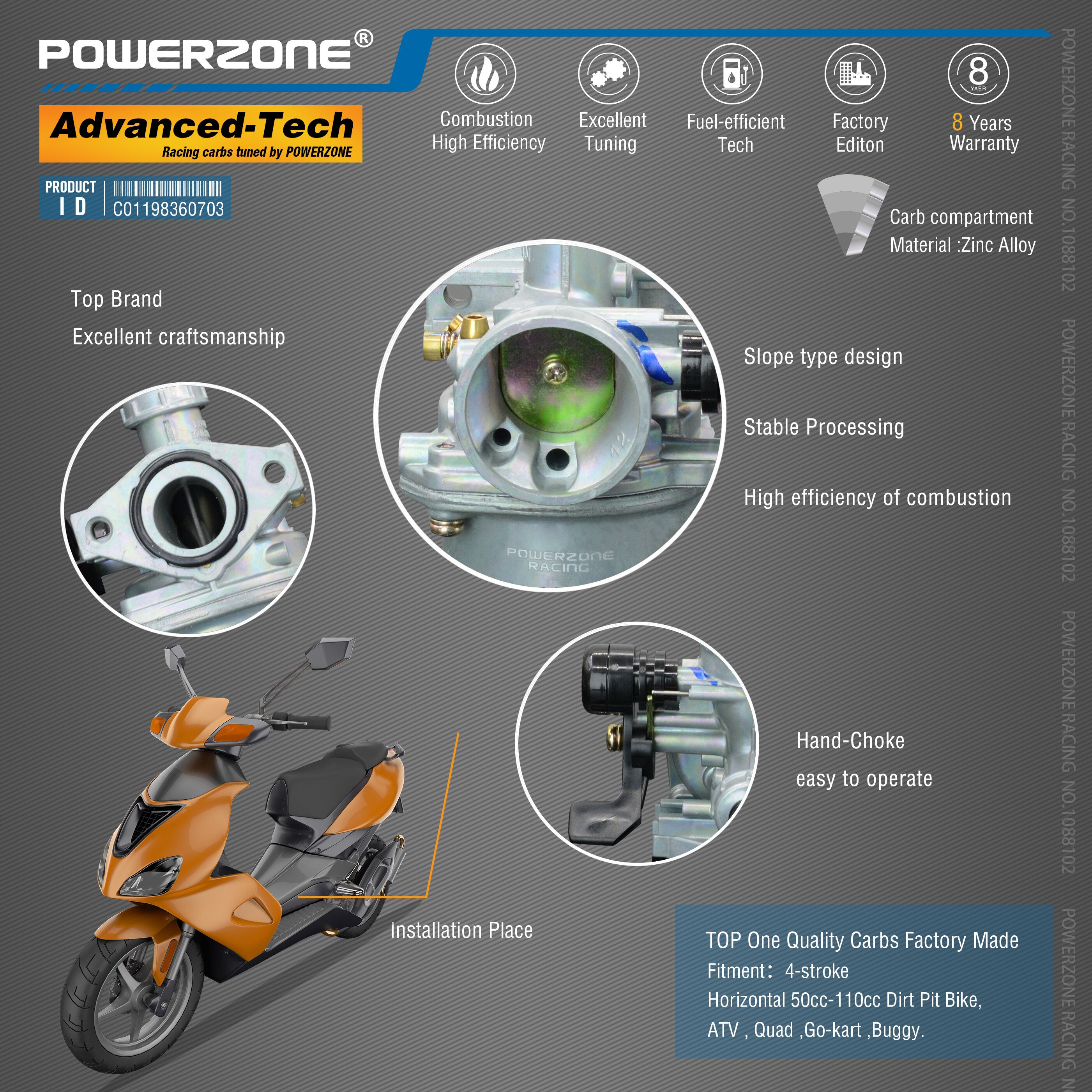 Powerzone Carburateur PZ19 19mm CVK Accelerator Pomp Carb Voor Horizontale 50cc-110cc Dirt Pit Bike, ATV, Quad, go-kart, Buggy