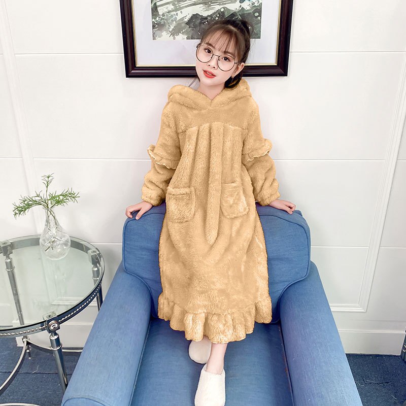 Albornoz con capucha para niña, bata de baño de franela gruesa para madre e hija, bata de dormir, ropa de casa familiar, de invierno: Caqui / 120CM