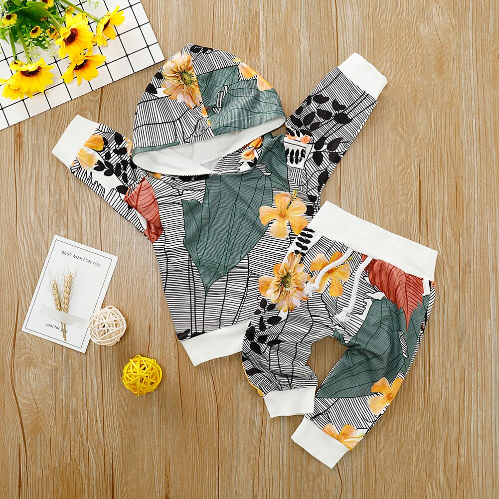 2pcs Kids Spring Autumn Outfit Set Cotton Baby Long Sleeve Sweater Hoodie Tops Printed Long Pants Girls Clothing Outdoor Suit