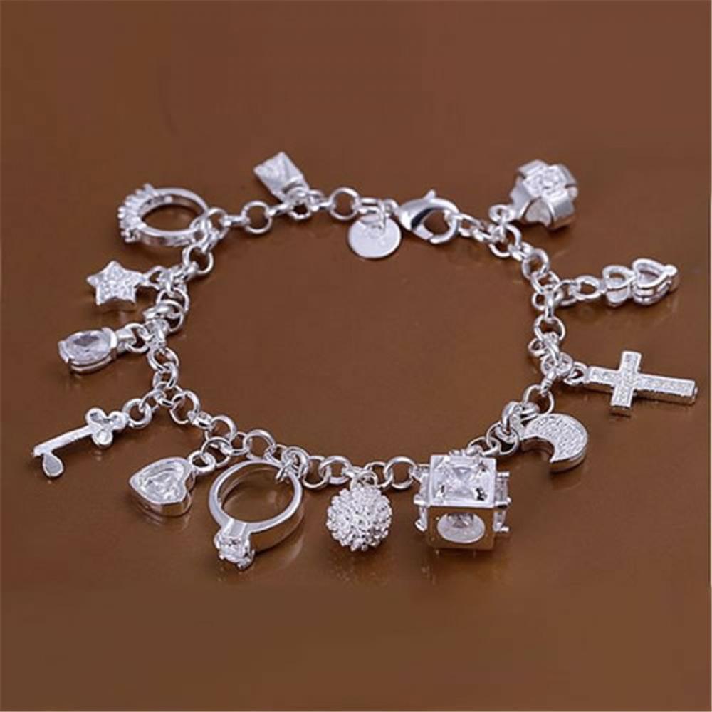 Trendy Schmuck Chic Silber Farbe Überzogen Armband Mond Herz Schloss Kreuz Charm Armband 13 Anhänger Armband