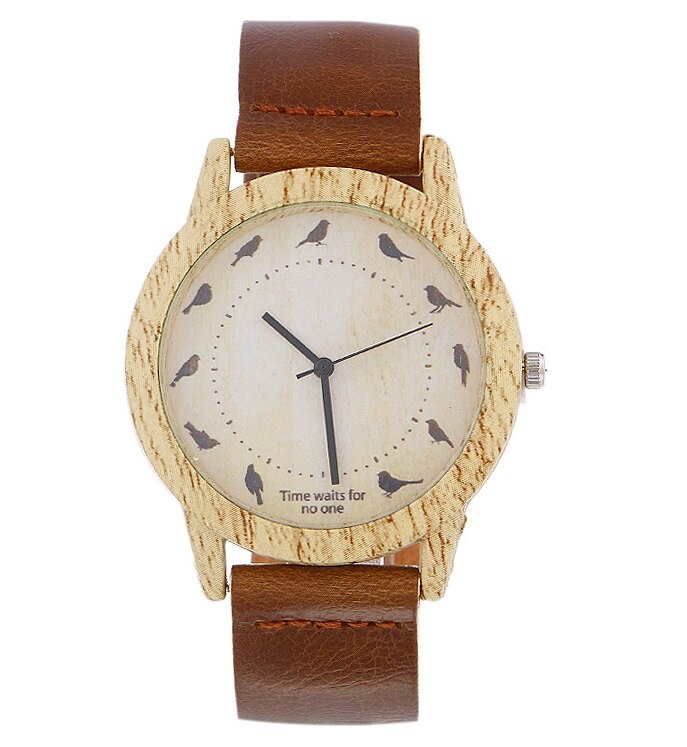 Houten horloges quartz heren dames horloges casual houten leren band vogelhorloge houten heren polshorloge relogio masculino: Bruin
