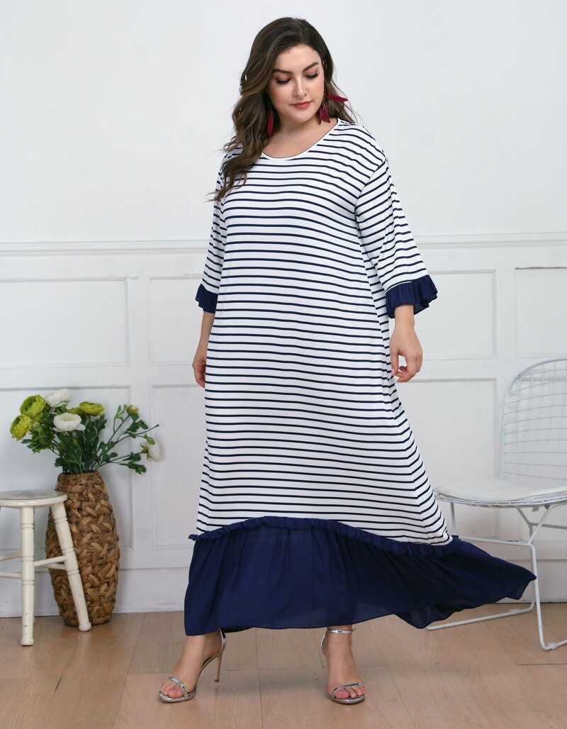 Løs oversized maxi lang kjole kvinder sommer o hals langærmet multicolor flæser kjole plus size dame tunika lange kjoler