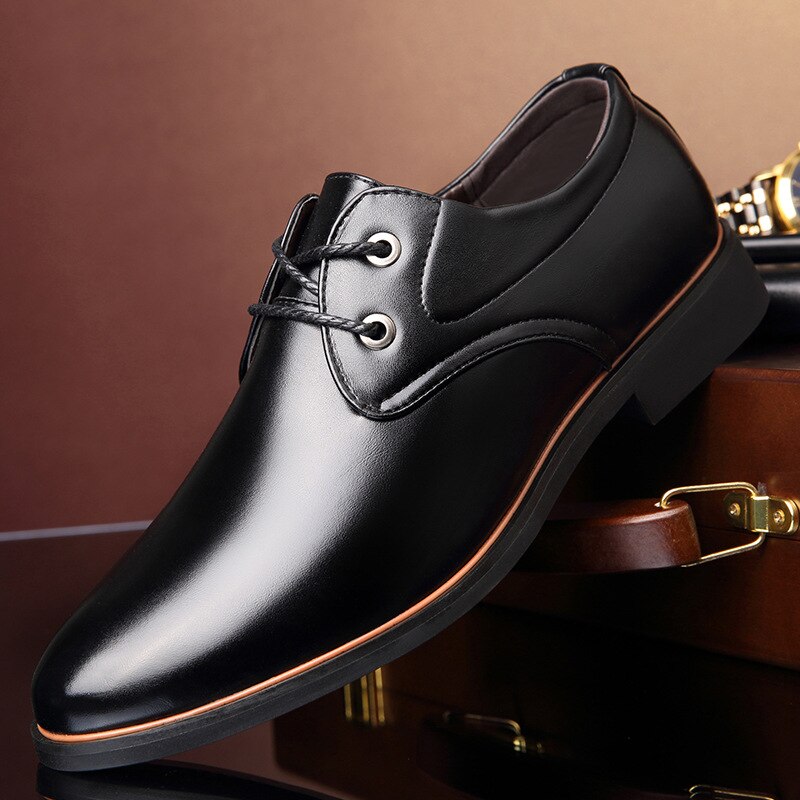 Men Dress Shoes Formal Business Work Soft Patent Leather Round Toe for Man Male Men's Oxford Flats Lace-Up